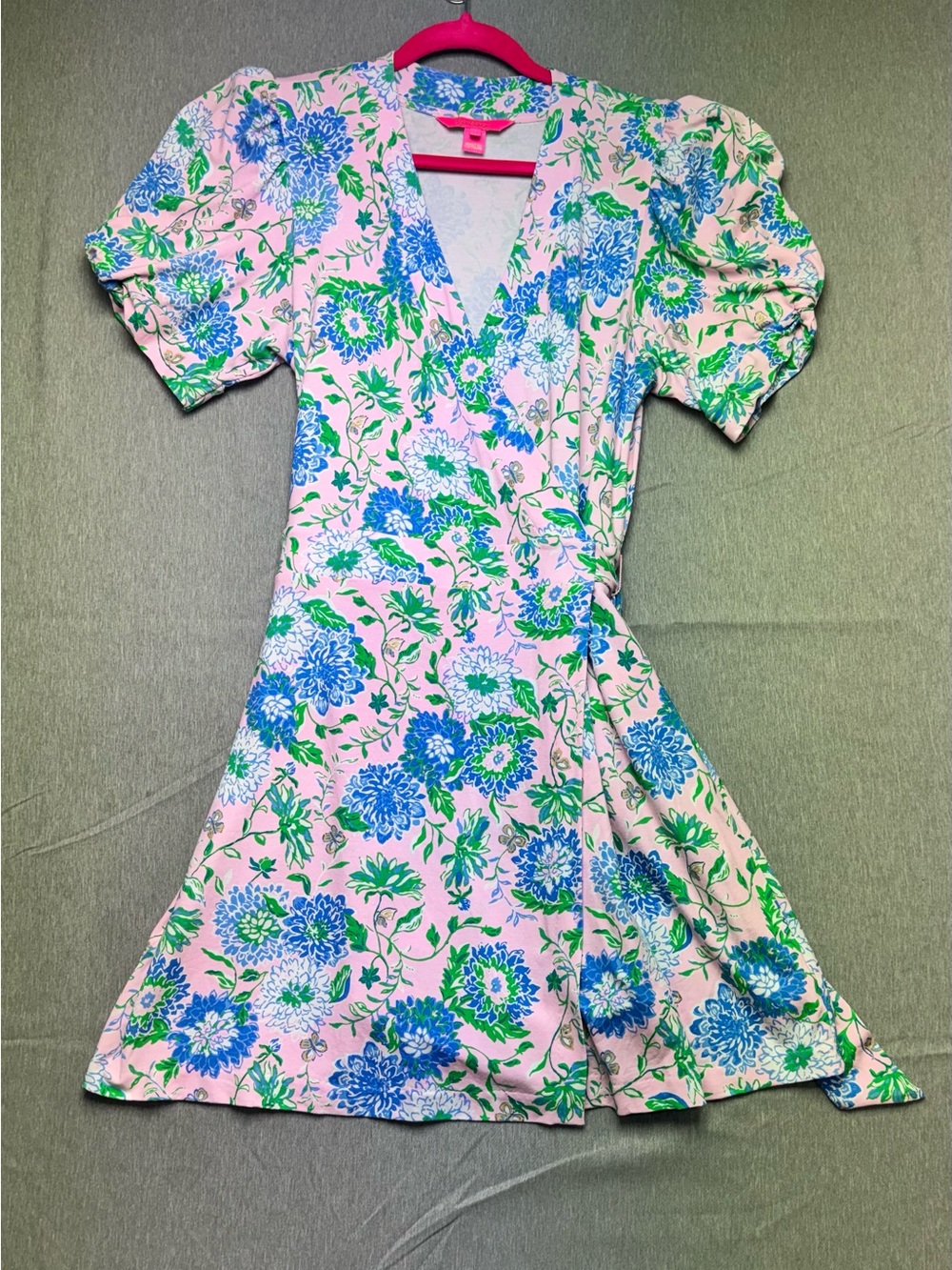 Lilly Pulitzer Floral Puff Sleeve Wrap Skort Romper Pink Blue Green M